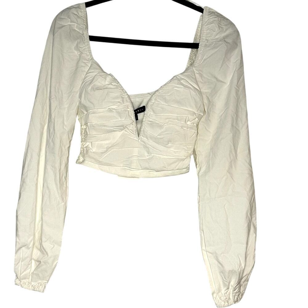 Blue Blush – Ruched Front Long Sleeve Bodysuit – White – S